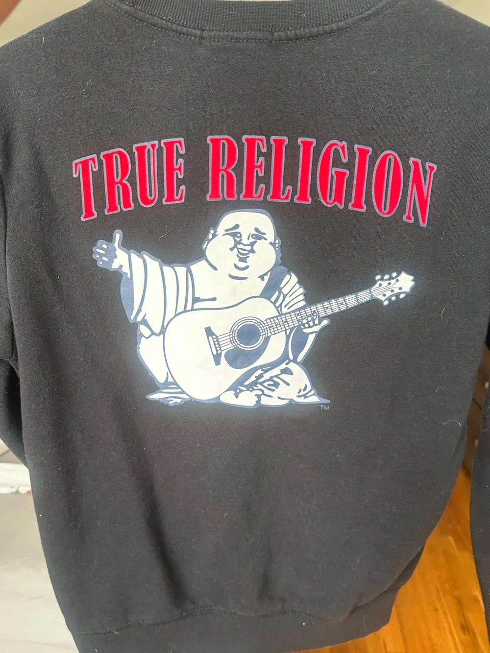 True Religion Black Crewneck Sweater with Pink Logo Emblem